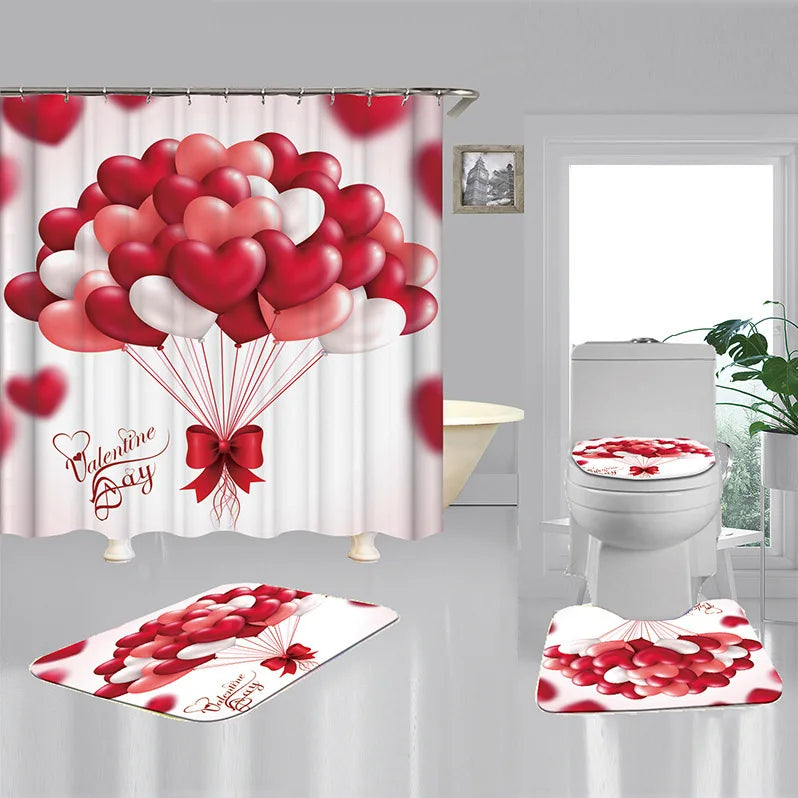 1 Set Waterproof Shower Curtain Romantic Valentine's Day Heart Rose Bathroom Curtain