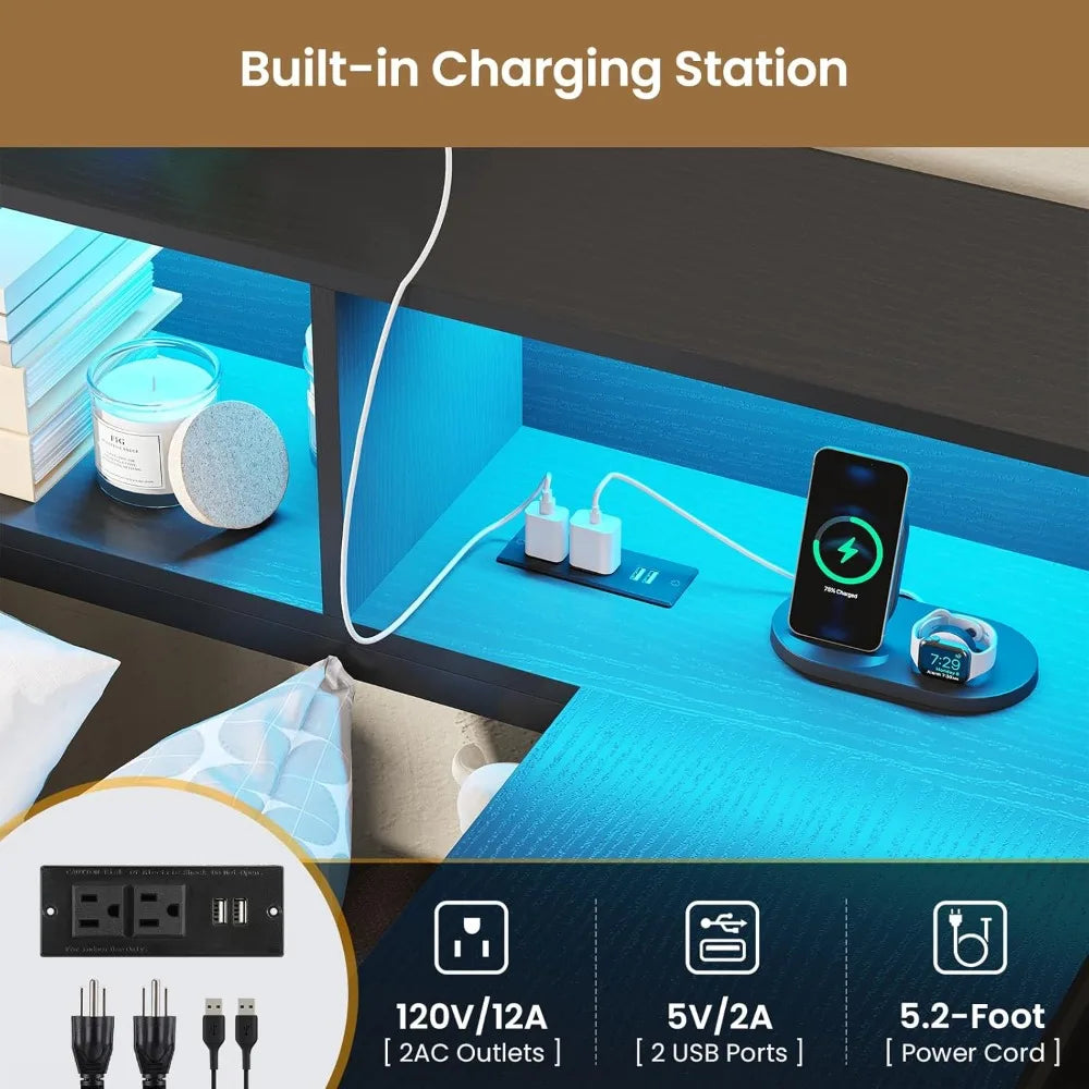 DICTAC Corner Twin Bed Frame with Desk,Charging Station and Bookcase Storage