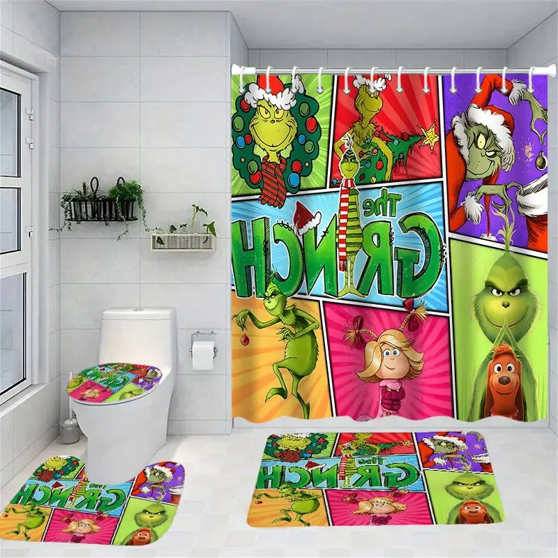 Merry Christmas Cartoon Shower Curtain  Witch Bath Sets Waterproof