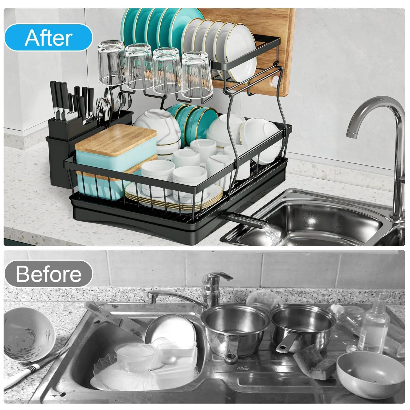 Large 2-tier dish drying rack for kitchen countertops,