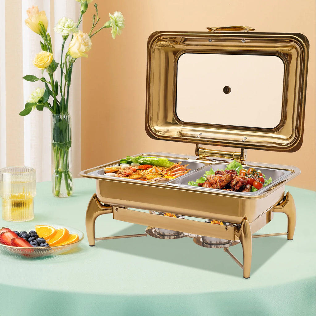 9L Gold Rectangle Dual Compartment Chafing Dish Buffet Set