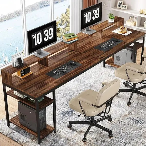 Two Person Desk with Monitor Stand, 78.74" Long Double Computer Office Desk with Storage Shelves,