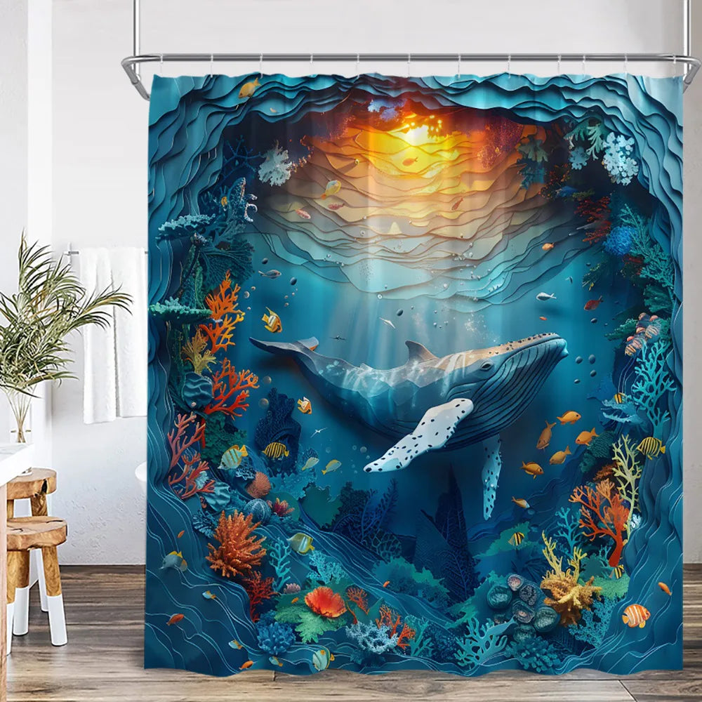 Marine Life Nature Bathroom Decor Sea Poltester Bath Curtain with Hook