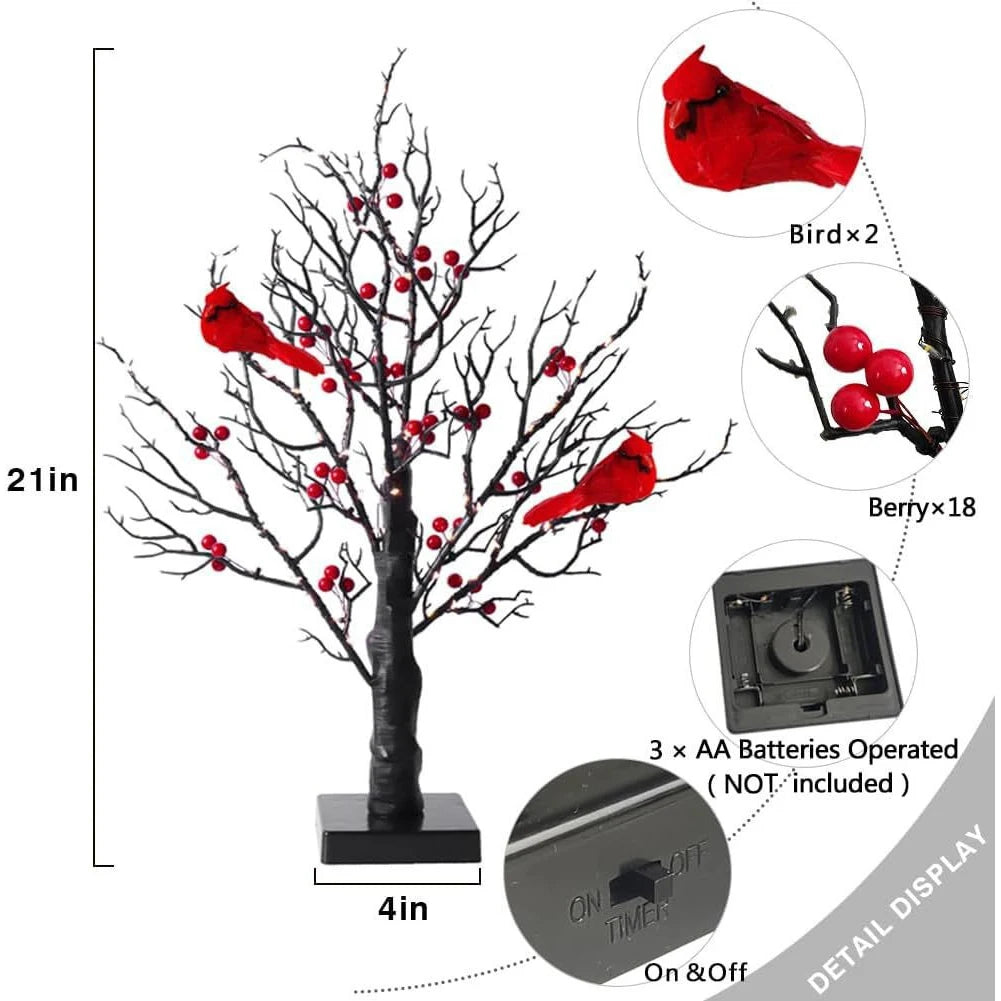 Mini Tree Light Lighted Tree with Red Bird & Berries