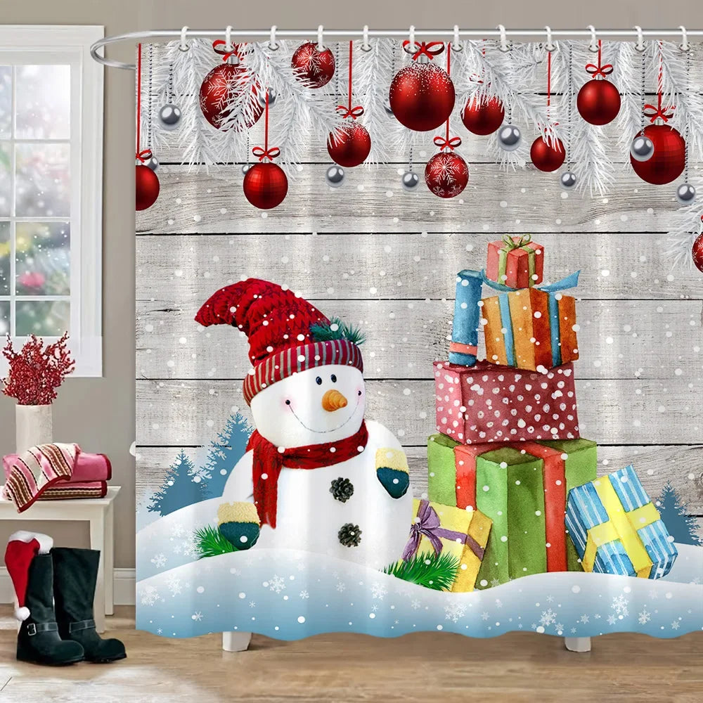Christmas Gift Theme Shower Curtains Snowman Christmas Tree