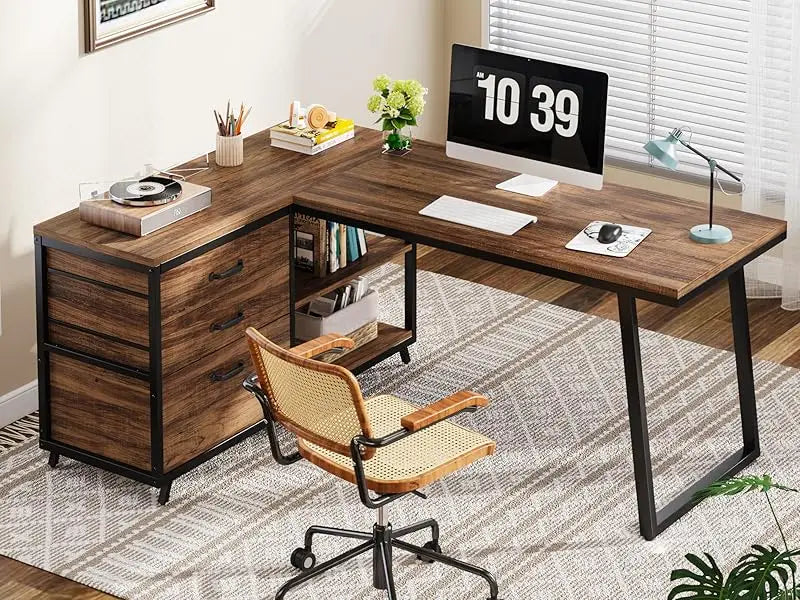 L-Shaped Computer Desk with 3 Drawers