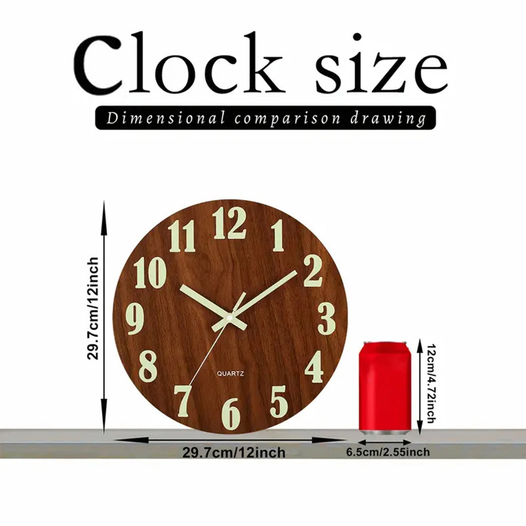 12 Inch Wooden Simple Luminous Wall Clock Silent Non Ticking