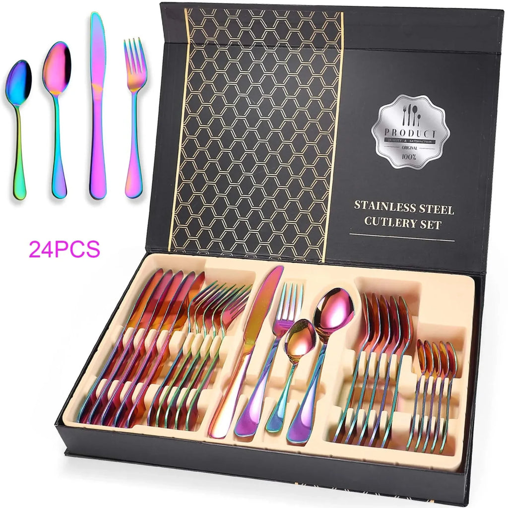Colorful Silverware Set, 24-Piece Stainless Steel Rainbow Flatware Set, Iridescent Cutlery Utensils Set Service for 6