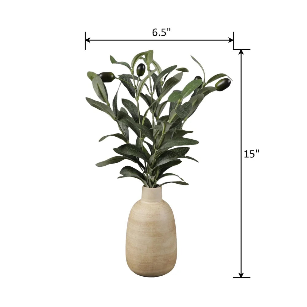 15 Inch Artificial Olive Potted Plant in Wood Finish Vase