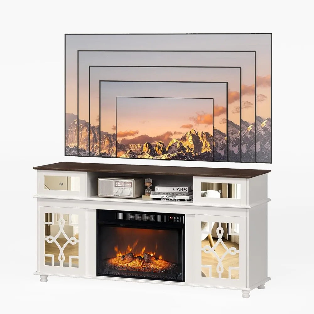 Fireplace TV Stand with Sliding Mirrored Door for TVs up to 70"