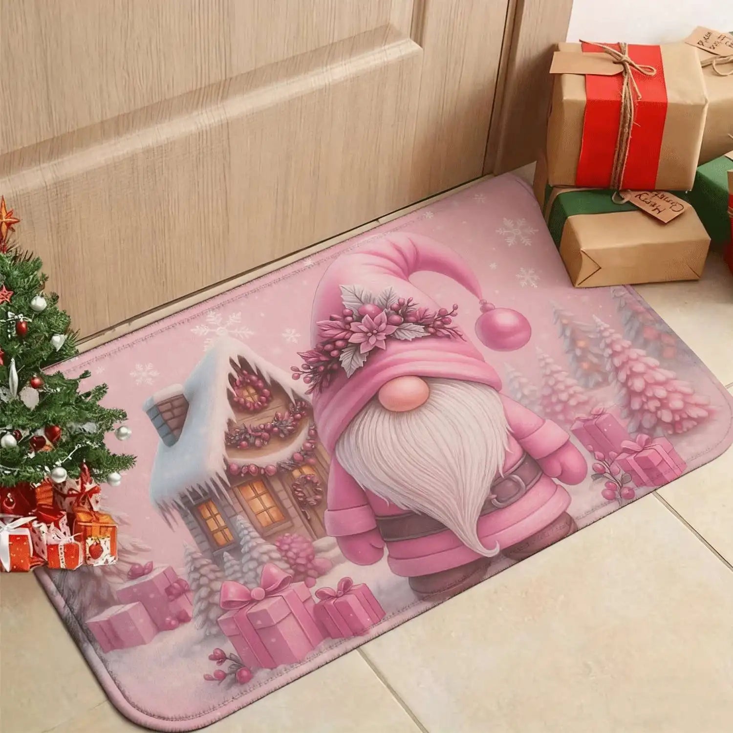 3PCS Christmas Doormats Pink Santa Claus Rugs