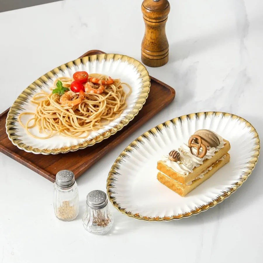 Ceramic Oval Serving Platters 12 Inch Porcelain White Dinner Plates with Gold Trim