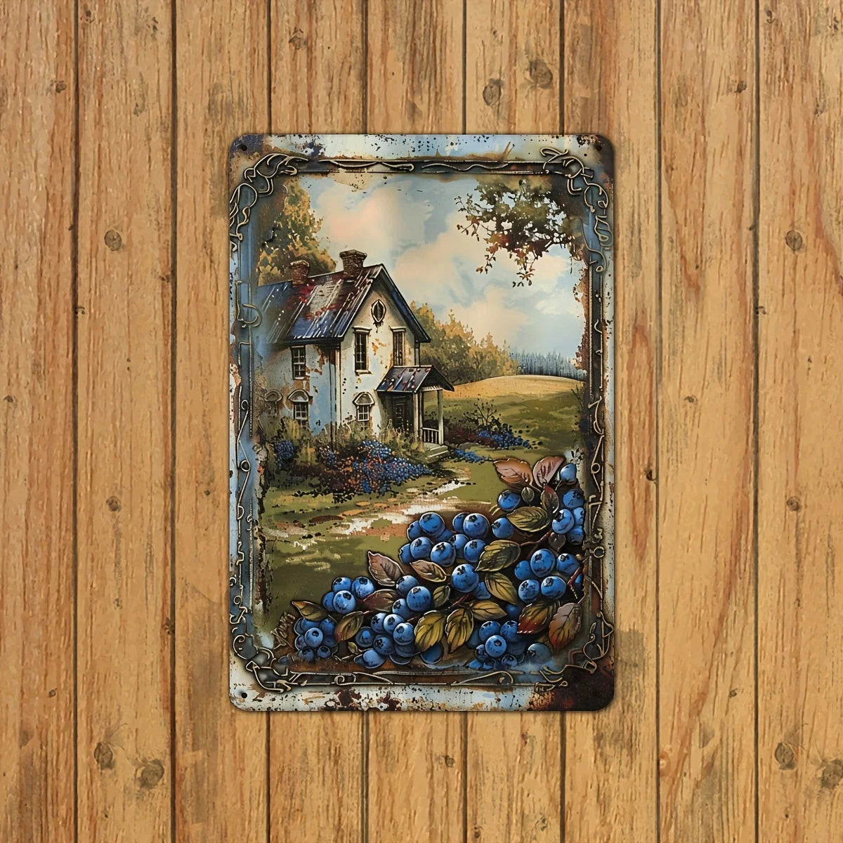 Retro Blueberry Cottage Tin Painting 8x12 Inch