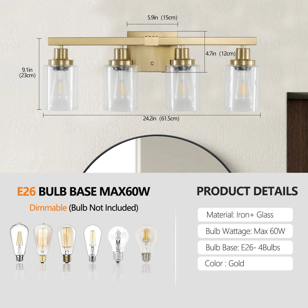 Golden 4-Light Vanity Light with Clear Glass Shades