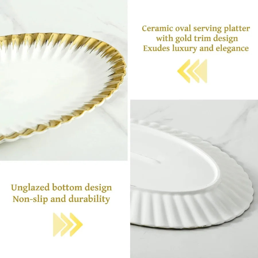 Ceramic Oval Serving Platters 12 Inch Porcelain White Dinner Plates with Gold Trim