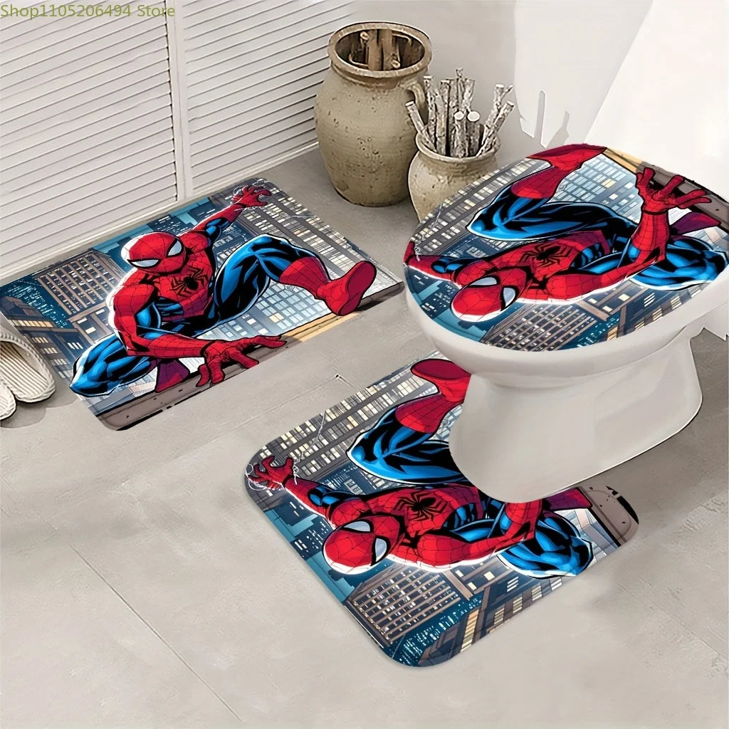 Marvel 1/4pcs Spiderman Cartoon Pattern Decoration Set Includes Shower Curtain, Non-Slip Bathroom Rug, Toilet U-Shaped Mat