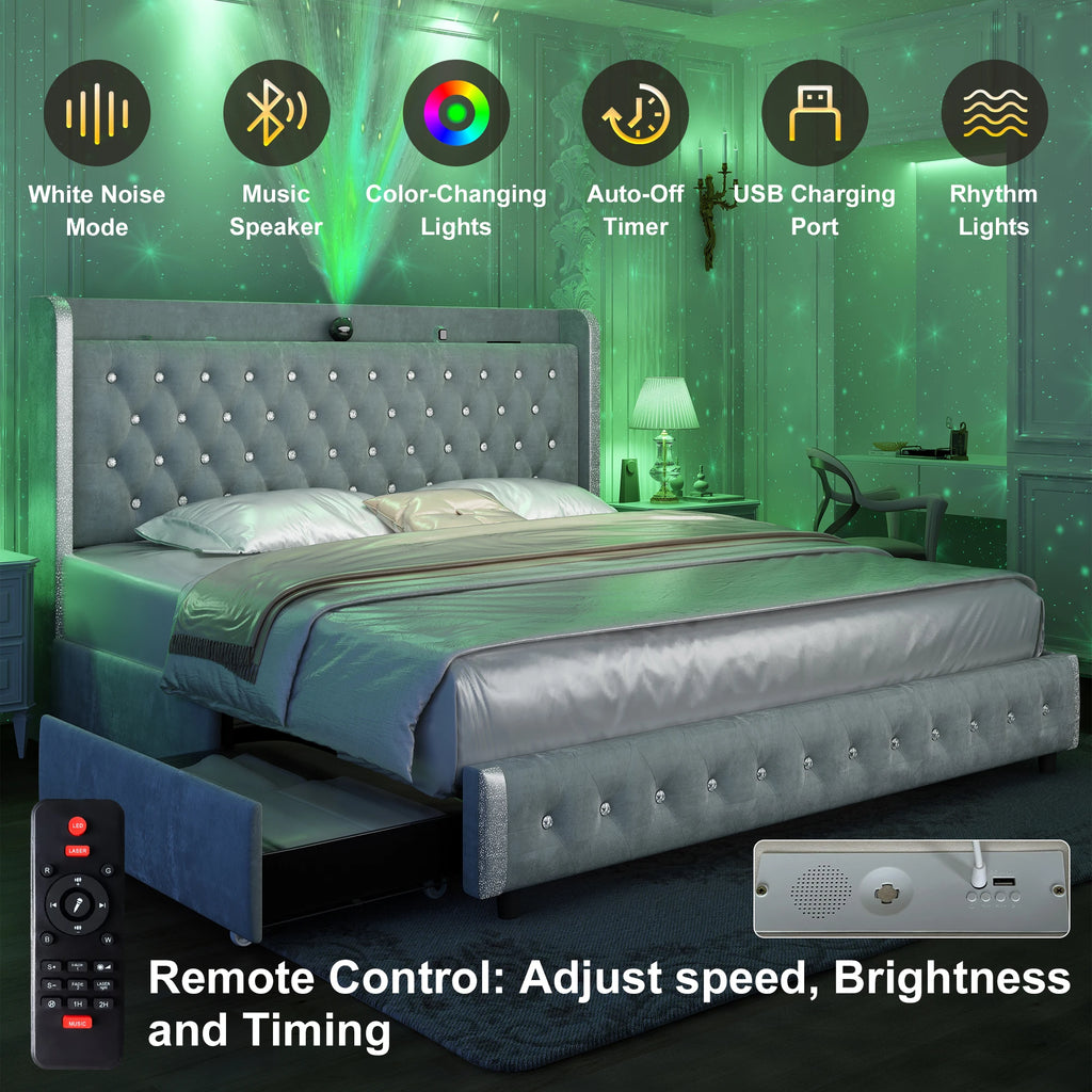 Queen LED Bed Frame with Galaxy Projector, Bluetooth Speaker, USB Ports, 4 Drawers