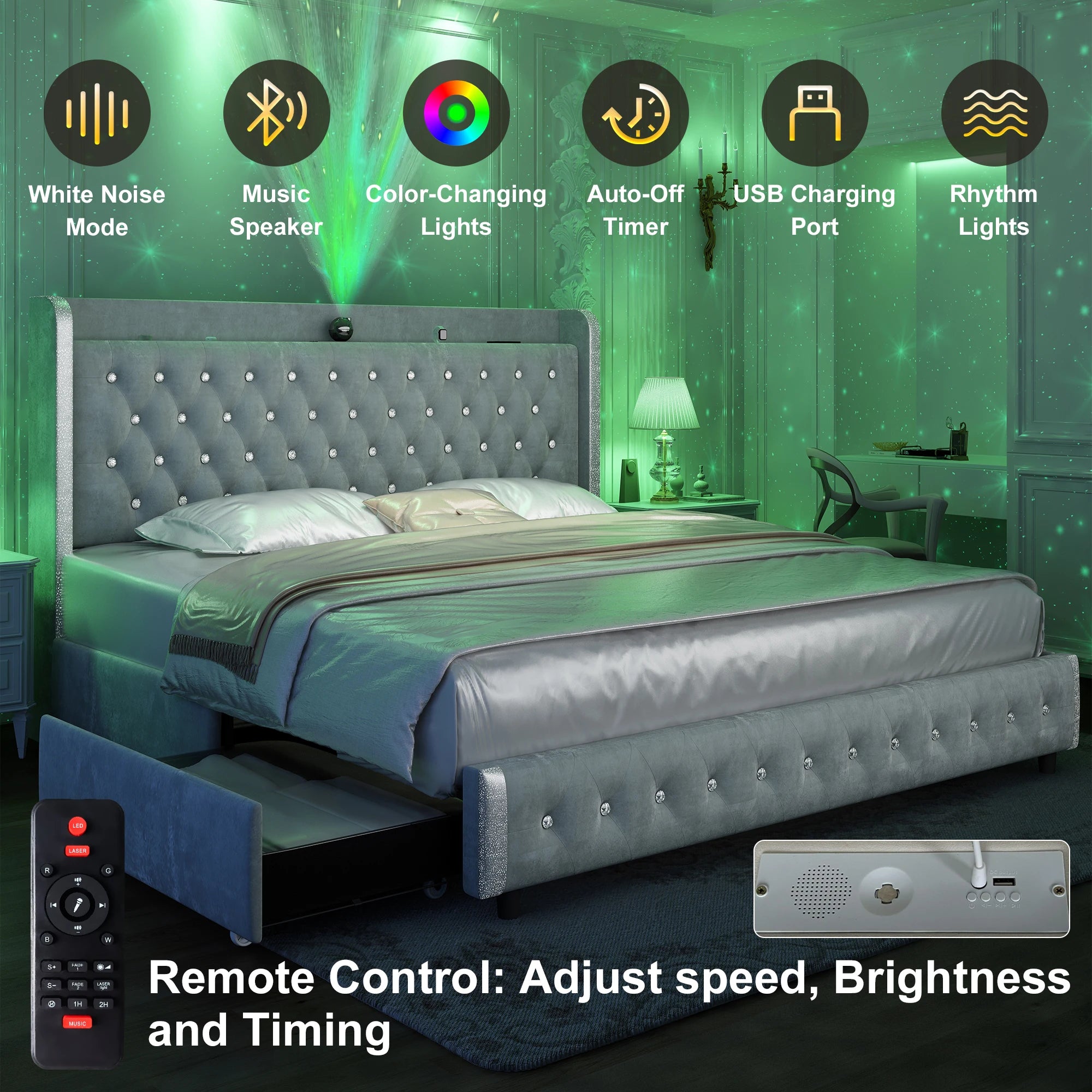 Queen LED Bed Frame with Galaxy Projector, Bluetooth Speaker, USB Ports, 4 Drawers