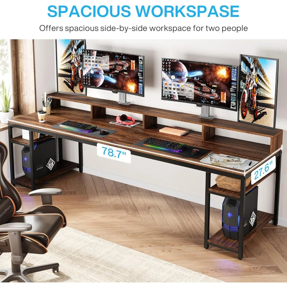 Two Person Desk with Monitor Stand, 78.74" Long Double Computer Office Desk with Storage Shelves,