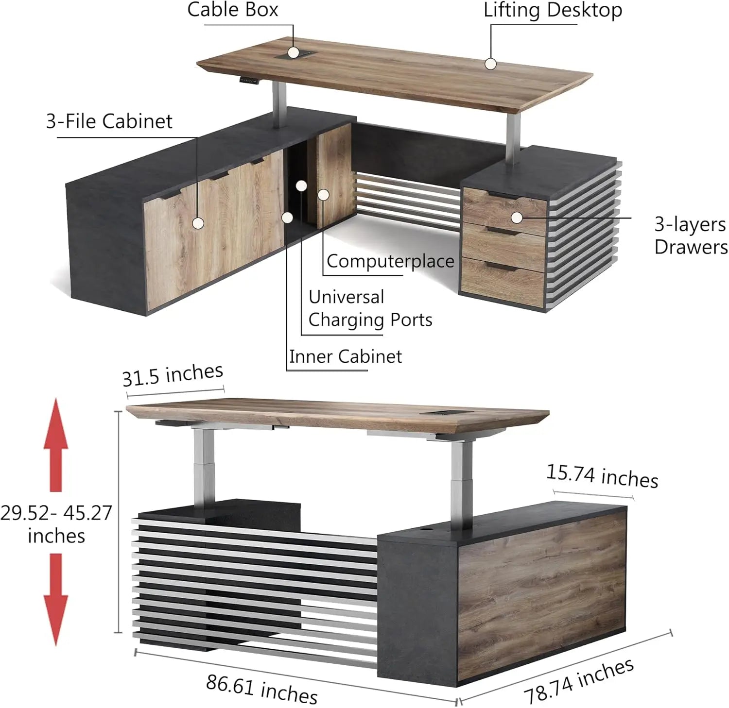 Adjustable Heigh L Shaped Executive Standing Desk w/Drawers