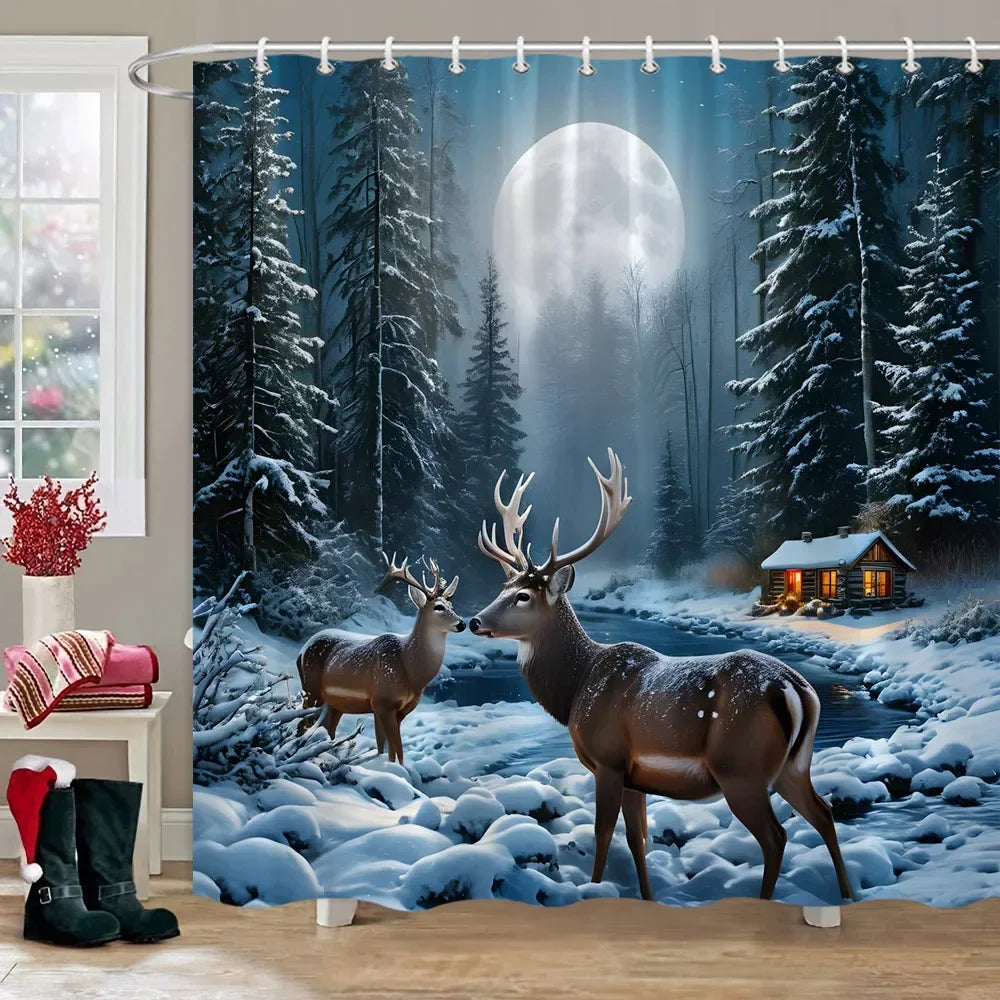 Winter Snow Forest Deer Shower Curtain Christmas Nature