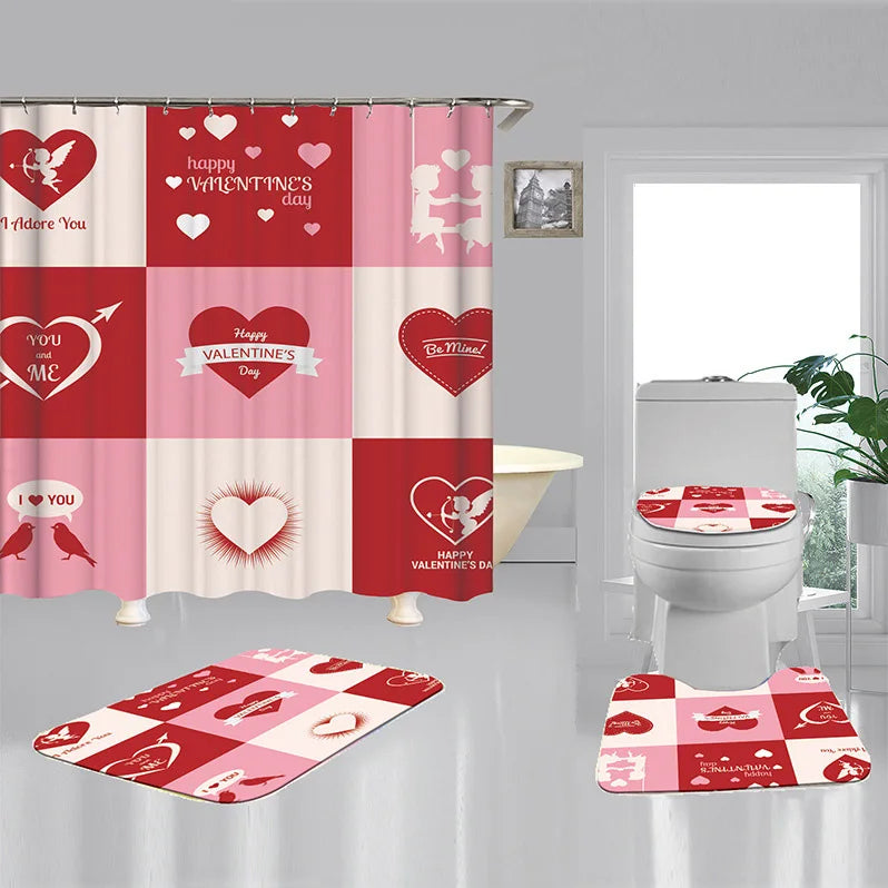 1 Set Waterproof Shower Curtain Romantic Valentine's Day Heart Rose Bathroom Curtain
