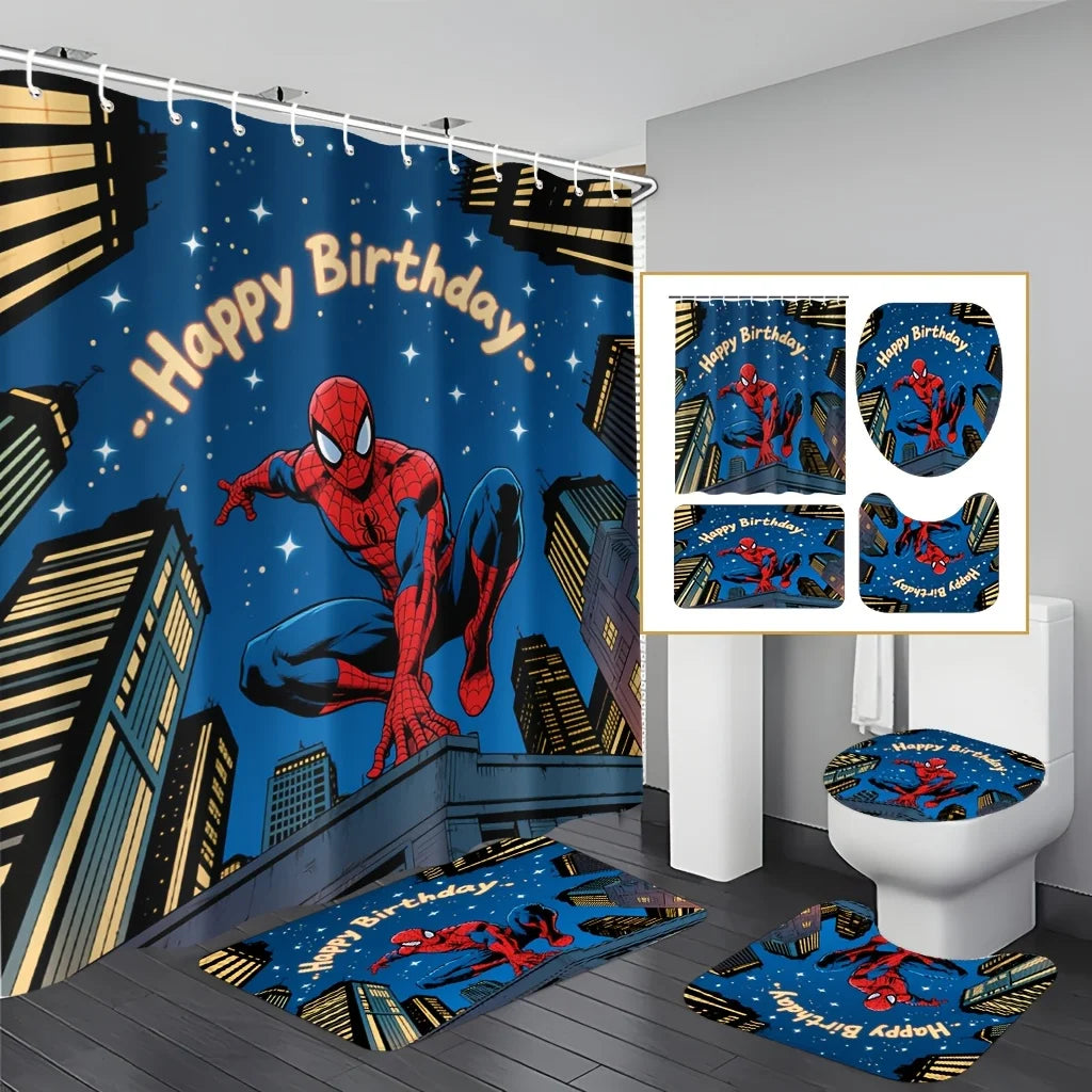 Marvel 1/4pcs Spiderman Cartoon Pattern Decoration Set Includes Shower Curtain, Non-Slip Bathroom Rug, Toilet U-Shaped Mat