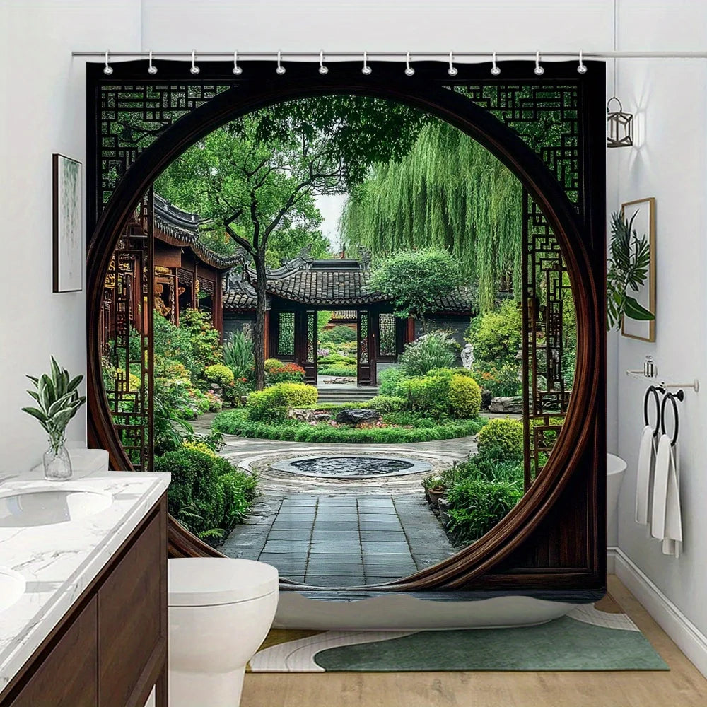 Discover Tranquility with this Waterproof Shower Curtain Featuring a Traditional Chinese Garden