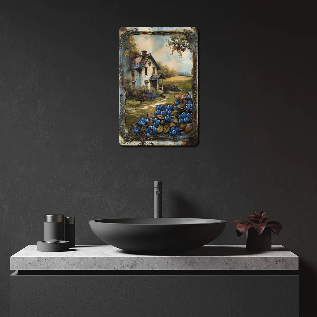 Retro Blueberry Cottage Tin Painting 8x12 Inch