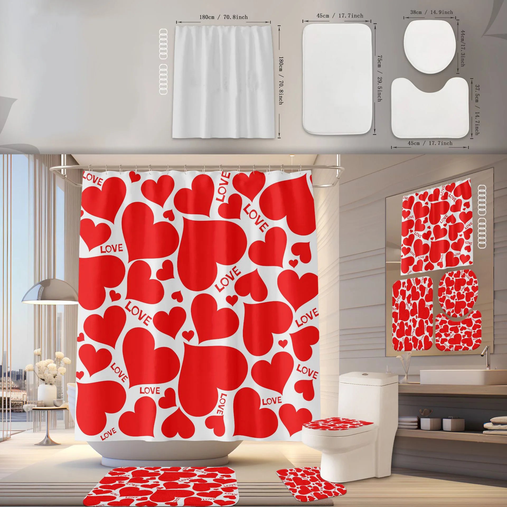 1 Set Waterproof Shower Curtain Romantic Valentine's Day Heart Rose Bathroom Curtain