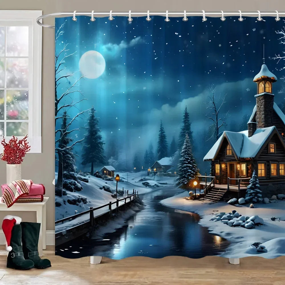 Winter Snow Forest Deer Shower Curtain Christmas Nature