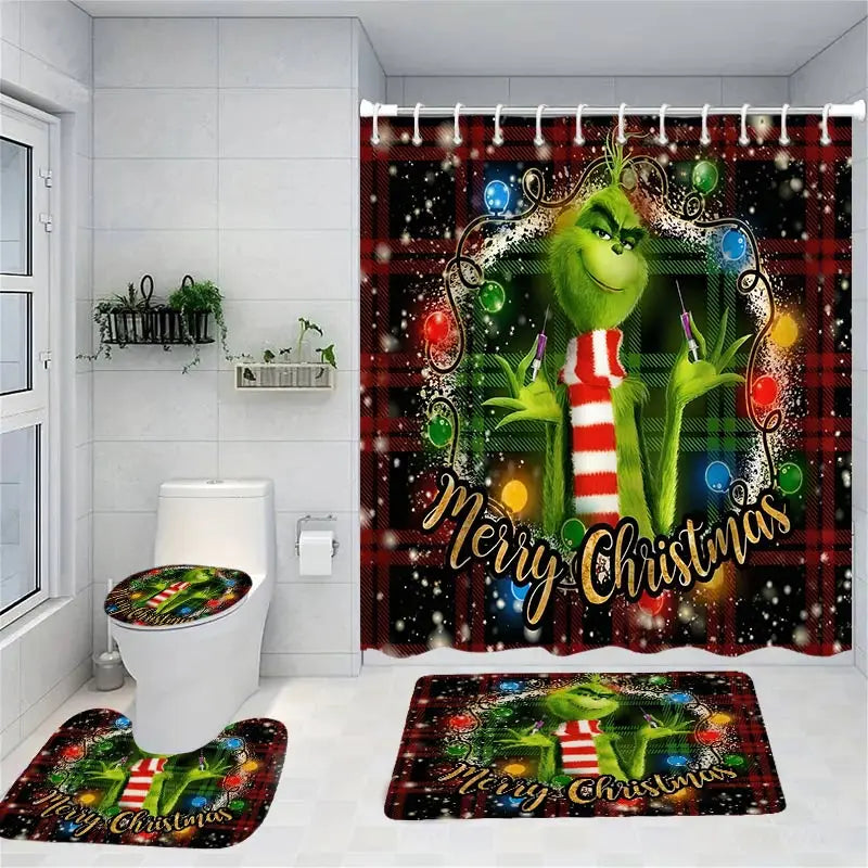 Merry Christmas Cartoon Shower Curtain  Witch Bath Sets Waterproof
