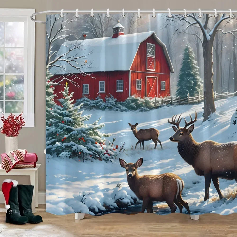 Winter Snow Forest Deer Shower Curtain Christmas Nature