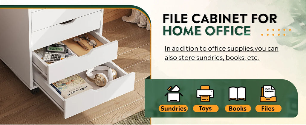 5-Drawer Chest, Wood Storage file Cabinet with Wheels, White