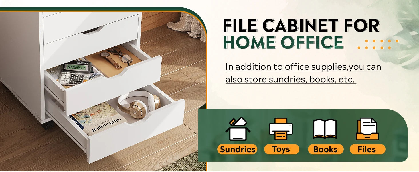 5-Drawer Chest, Wood Storage file Cabinet with Wheels, White