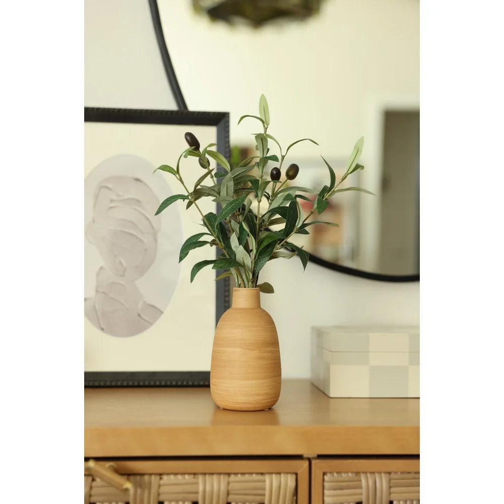 15 Inch Artificial Olive Potted Plant in Wood Finish Vase