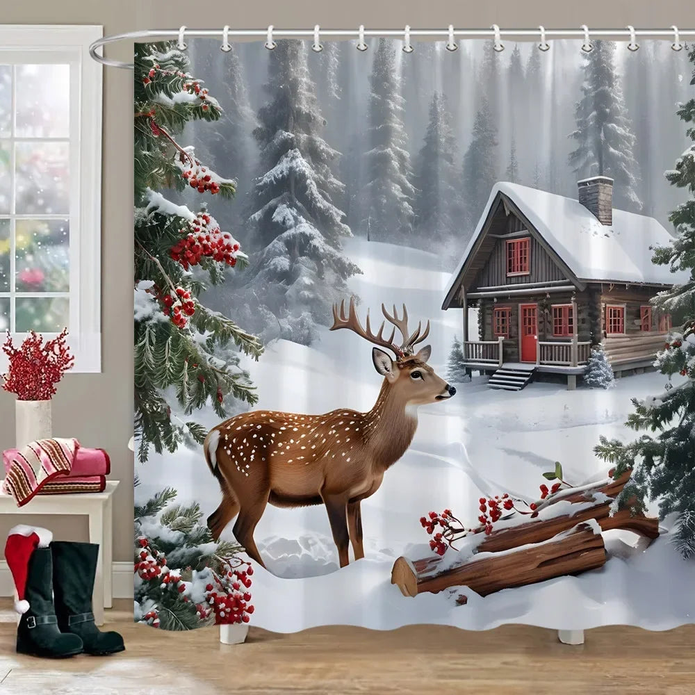 Winter Snow Forest Deer Shower Curtain Christmas Nature