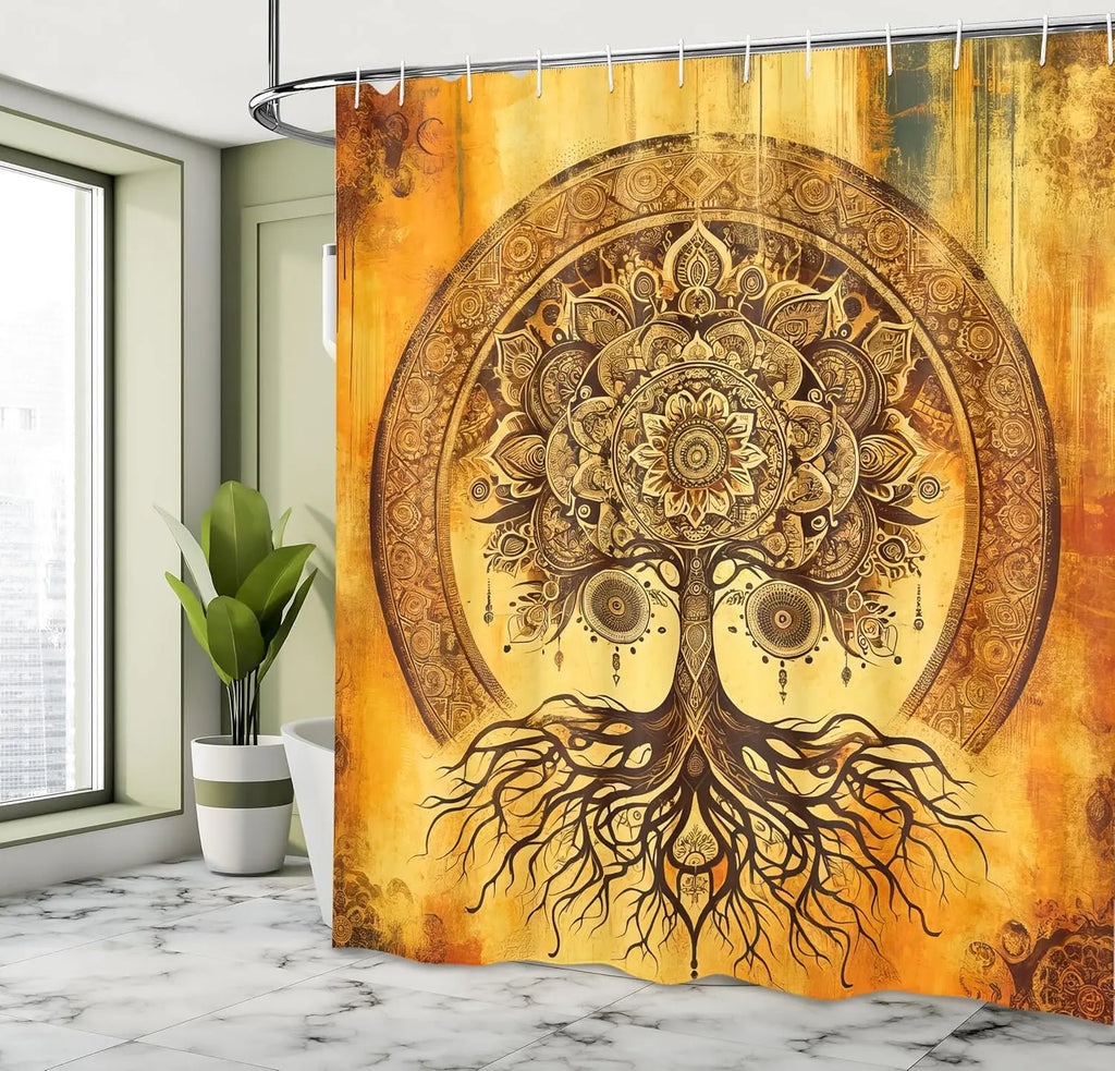 Shower Curtain, Oriental Atmosphere Warm Tone Mandala Ornate Life
