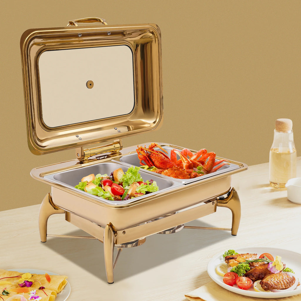 9L Gold Rectangle Dual Compartment Chafing Dish Buffet Set