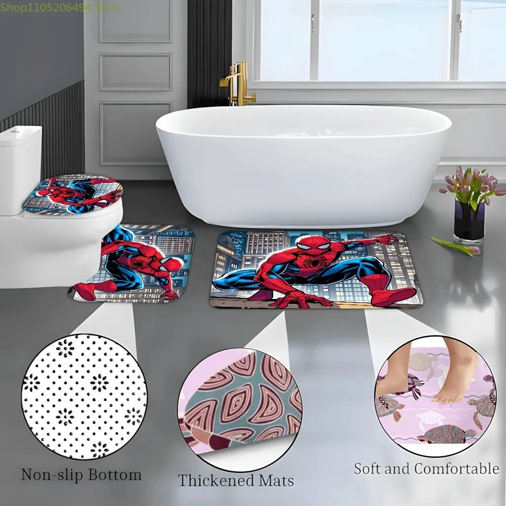 Marvel 1/4pcs Spiderman Cartoon Pattern Decoration Set Includes Shower Curtain, Non-Slip Bathroom Rug, Toilet U-Shaped Mat