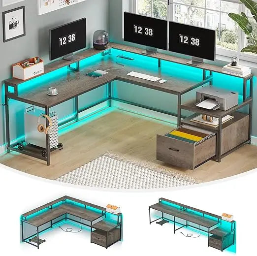 Home Office Desk with Wood File Drawer & Power Outlet,