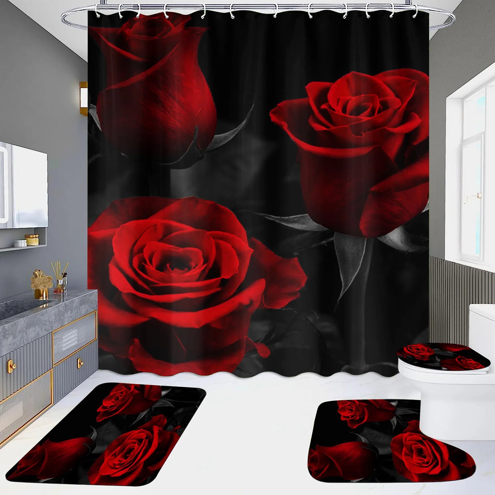 1 Set Waterproof Shower Curtain Romantic Valentine's Day Heart Rose Bathroom Curtain