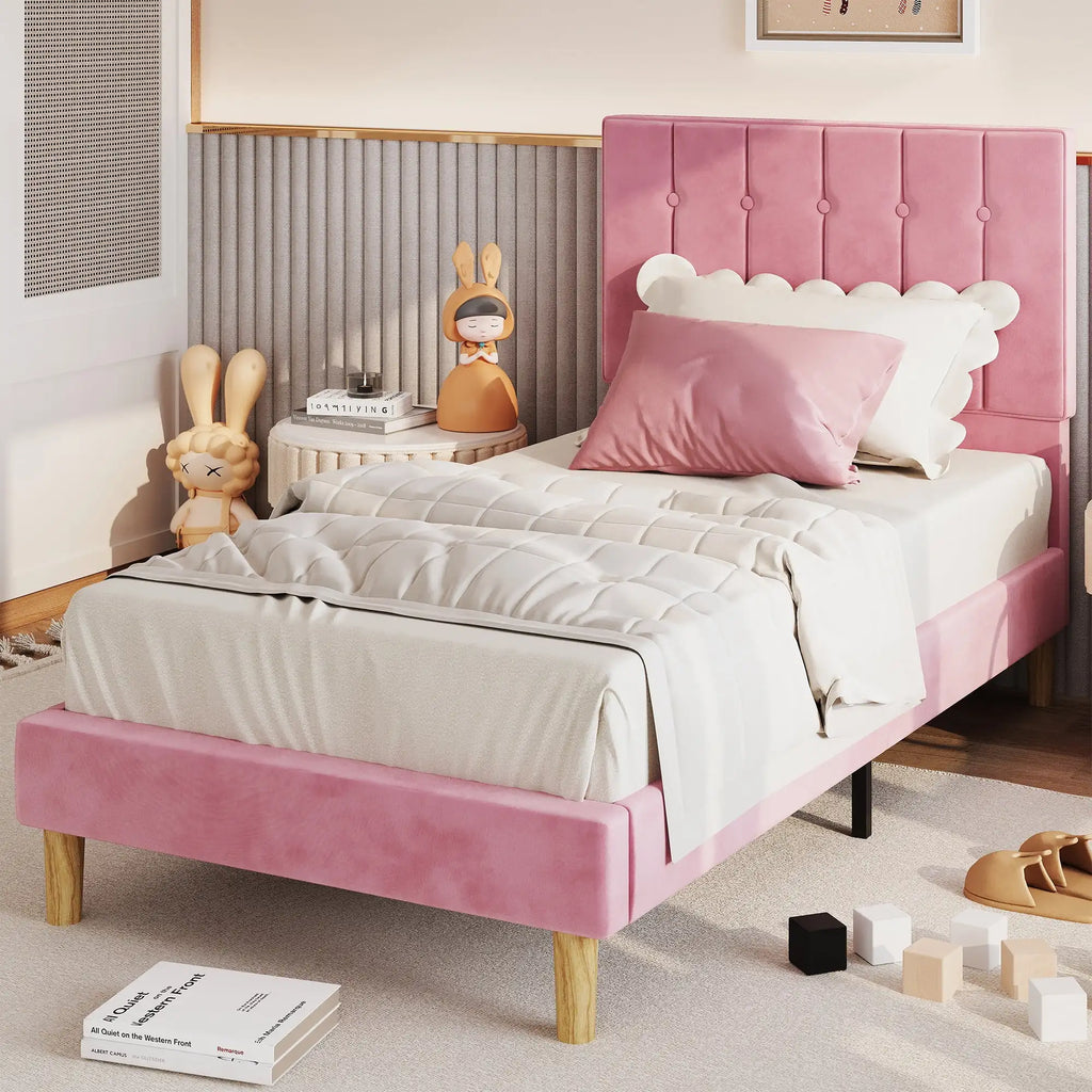 Bed Frames, Velvet Upholstered Platform Bed Frame with Headboard