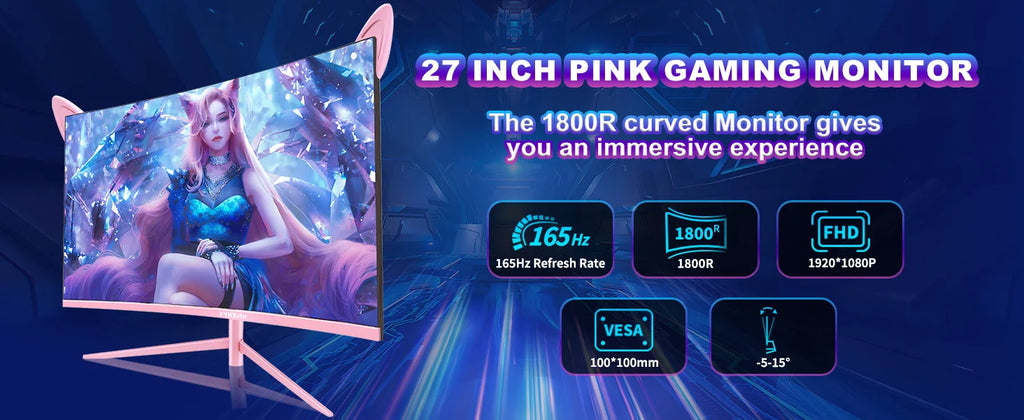 27inch Curved Pink Monitor QHD 165hz 1800R Gaming Display