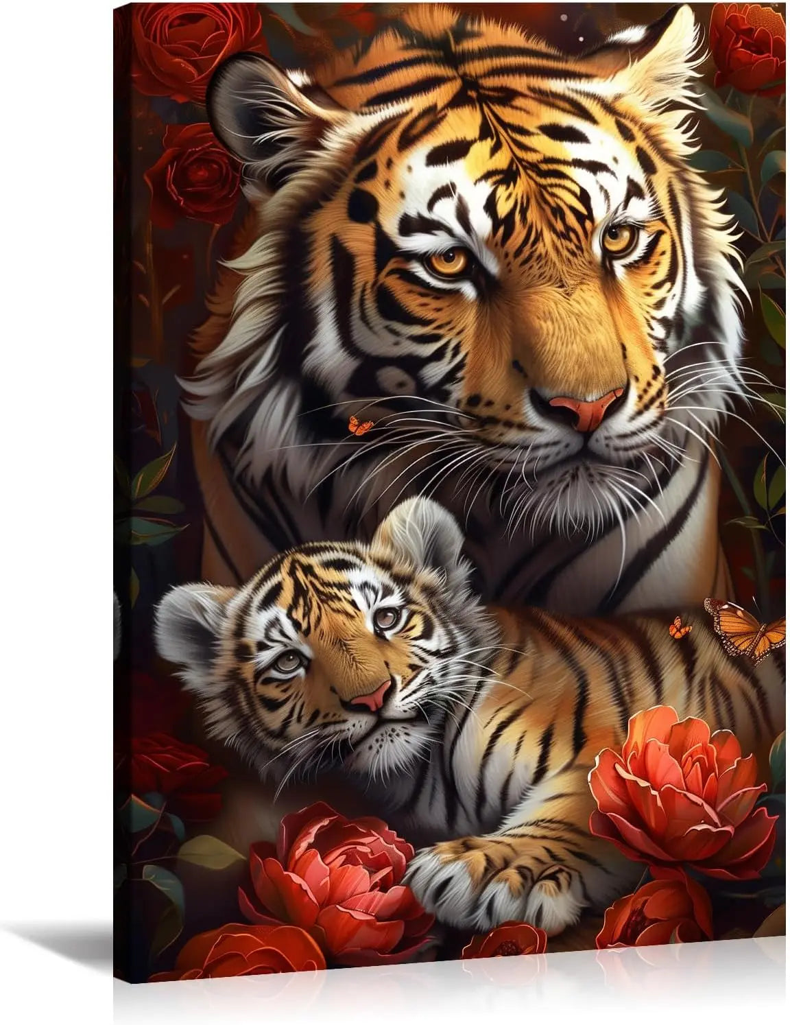 Large Lion Canvas Wall Art  Lion & Lioness with Red Rose Flower Picture