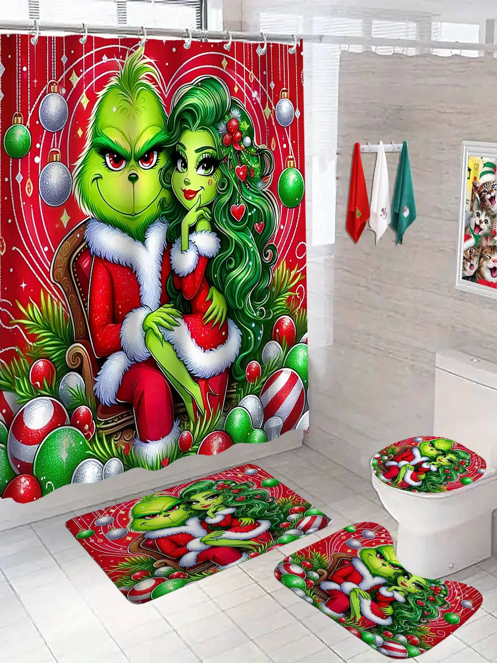 Merry Christmas Cartoon Shower Curtain  Witch Bath Sets Waterproof