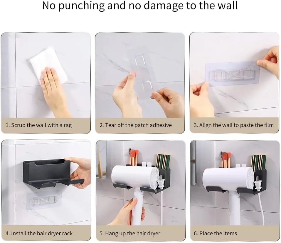 Wall Mounted Hair Dryer Holder Multi-Functional Bathroom Storage Rack,