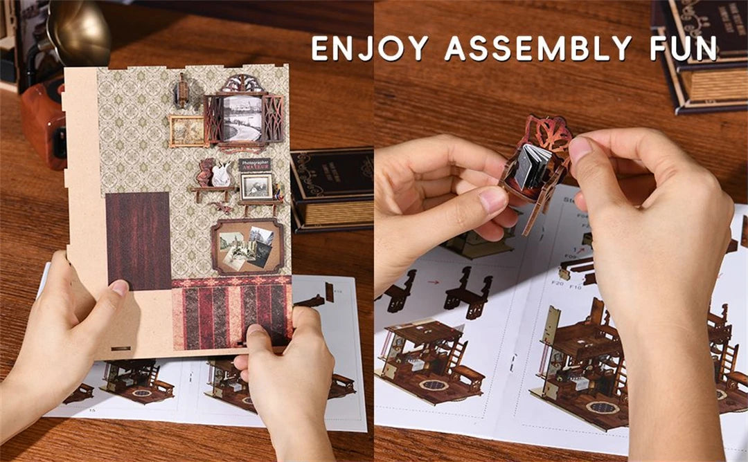 Wooden Puzzle Miniature House Kit For Bookshelf