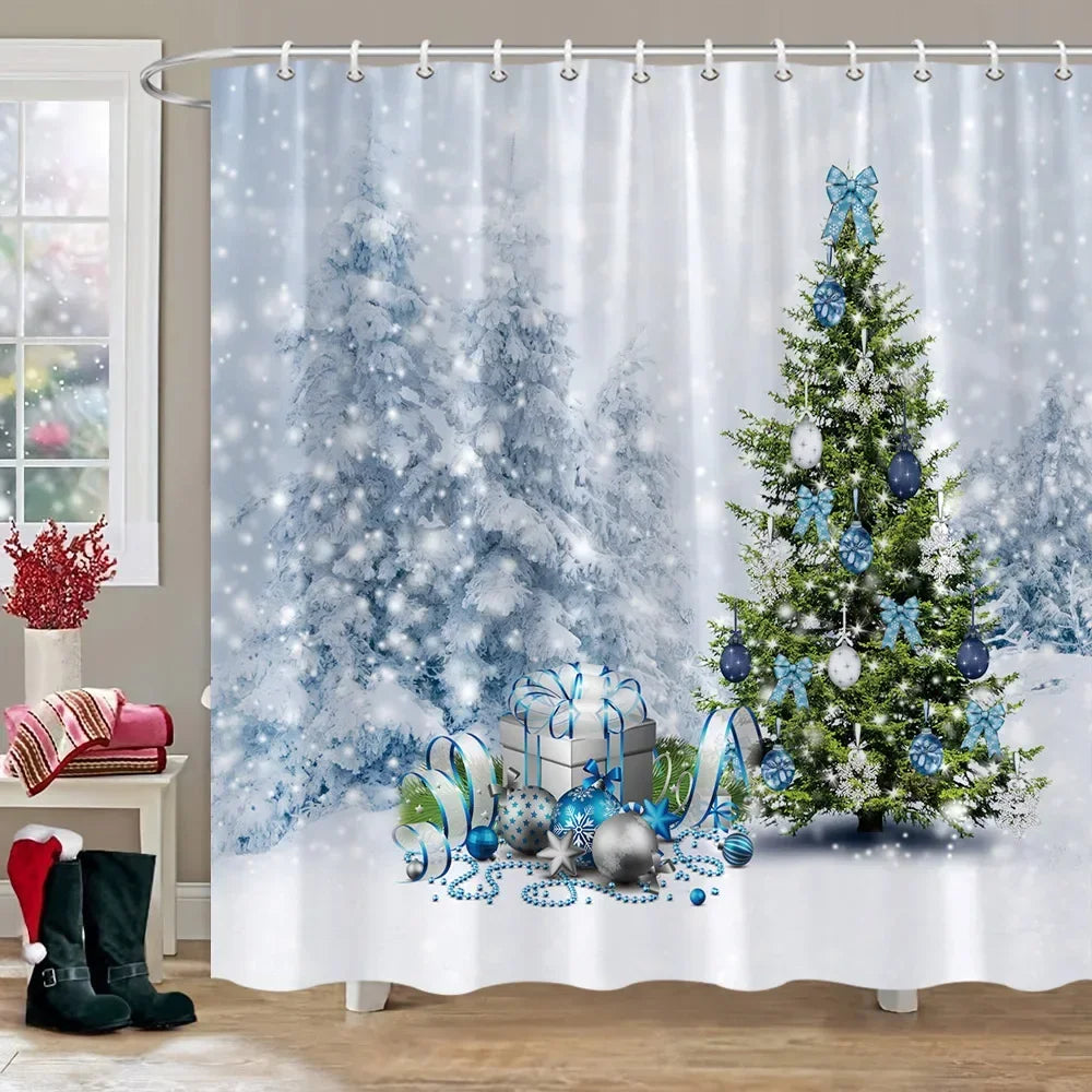 Christmas Gift Theme Shower Curtains Snowman Christmas Tree