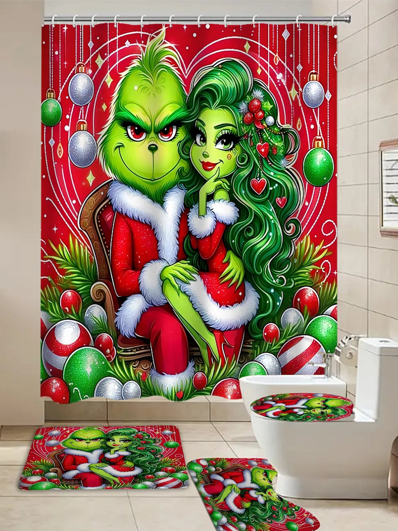 Merry Christmas Cartoon Shower Curtain  Witch Bath Sets Waterproof